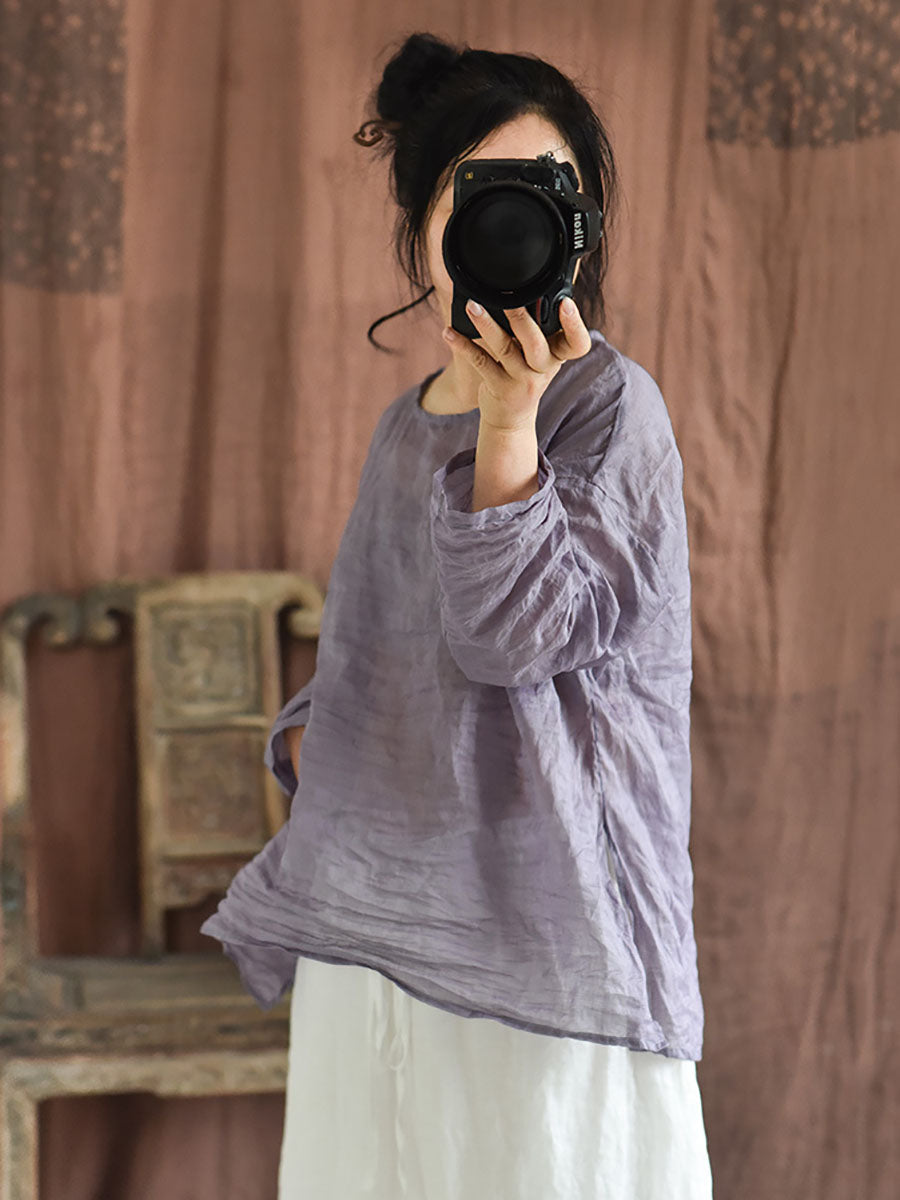 Plus Size Women Summer Solid Vintage O-Neck Split Hem Ramie Shirt