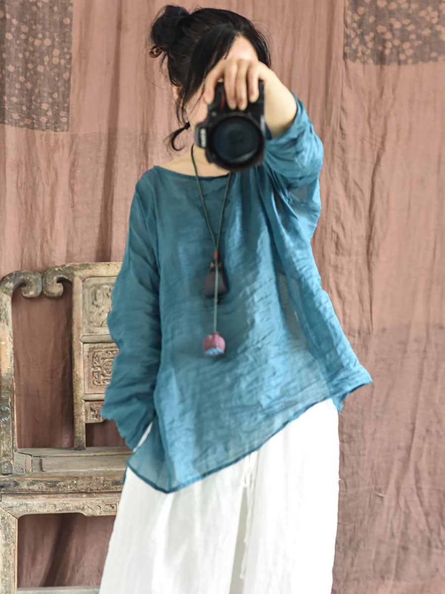 Plus Size Women Summer Solid Vintage O-Neck Split Hem Ramie Shirt