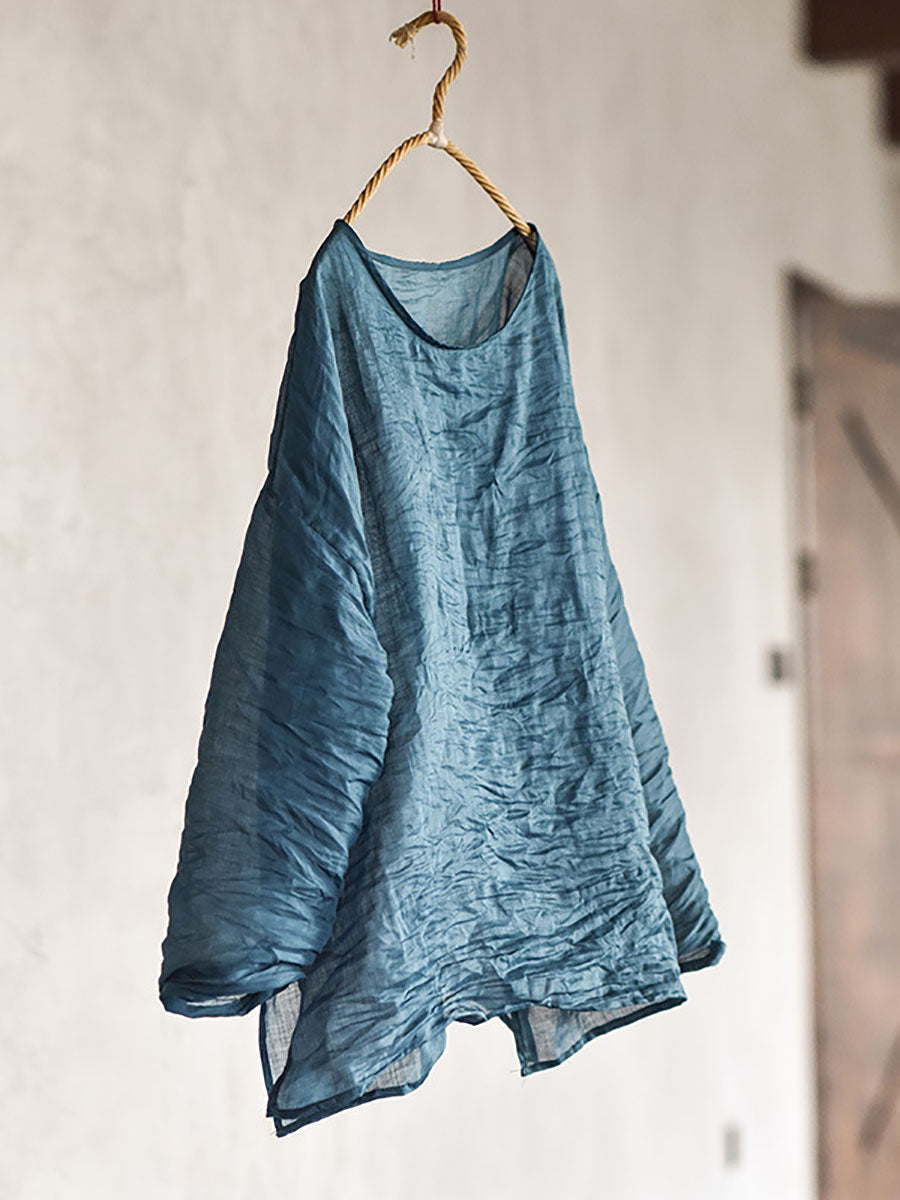 Plus Size Women Summer Solid Vintage O-Neck Split Hem Ramie Shirt