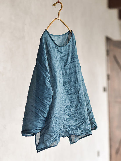 Plus Size Women Summer Solid Vintage O-Neck Split Hem Ramie Shirt