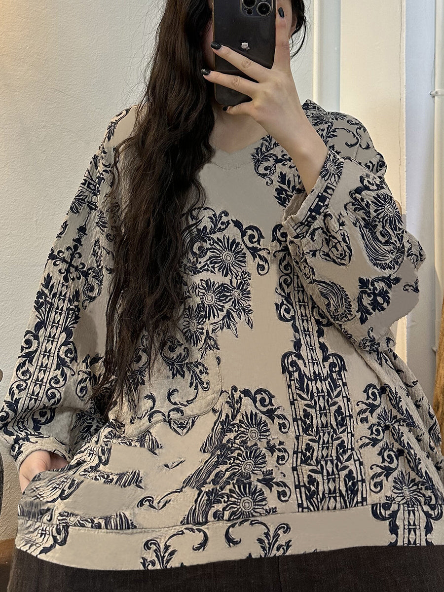 Plus Size Women Vintage Print V-Neck Long Sleeve Shirt