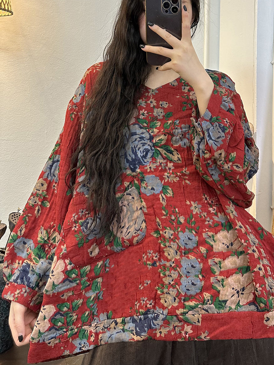 Plus Size Women Vintage Print V-Neck Long Sleeve Shirt