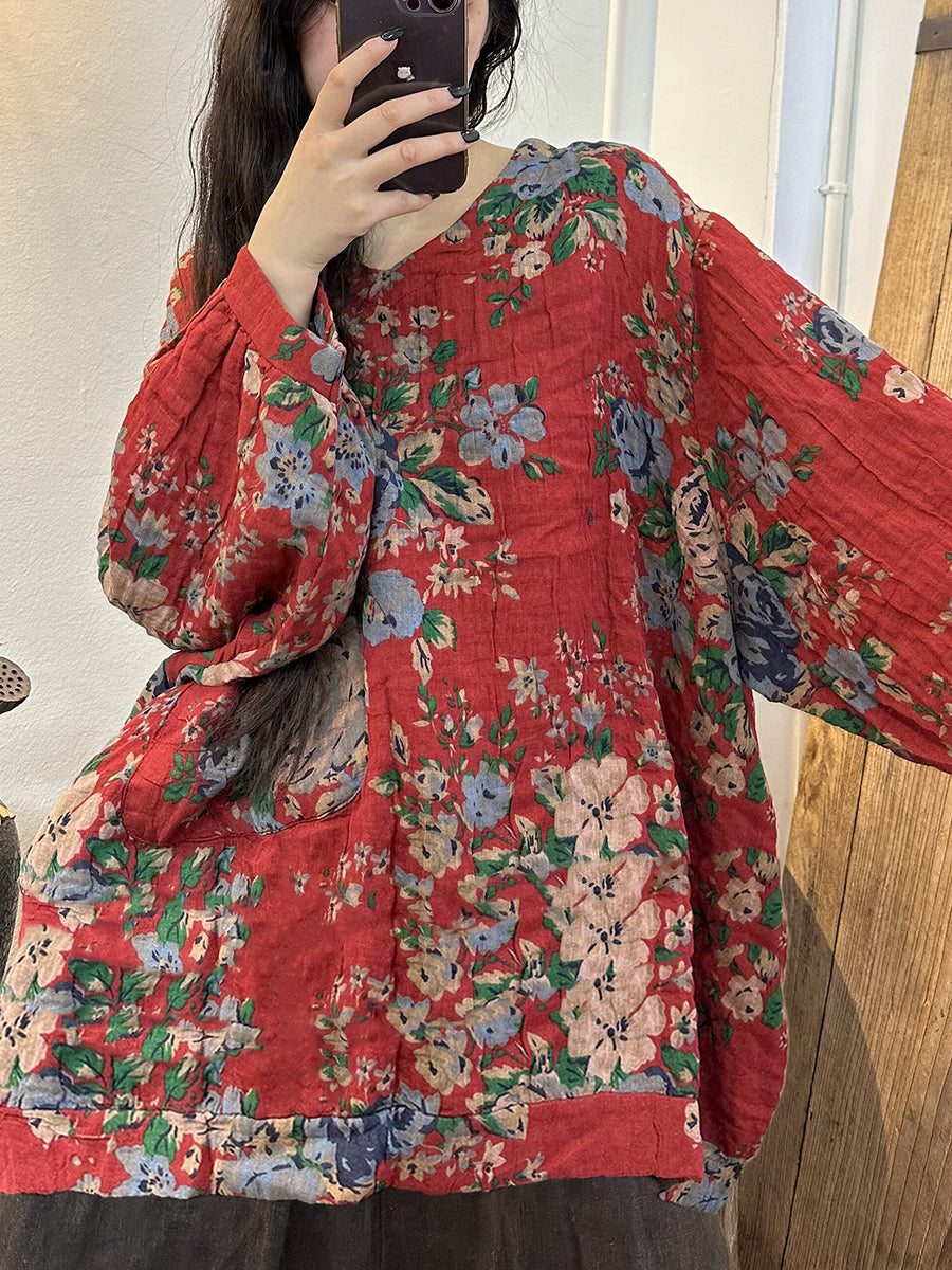 Plus Size Women Vintage Print V-Neck Long Sleeve Shirt