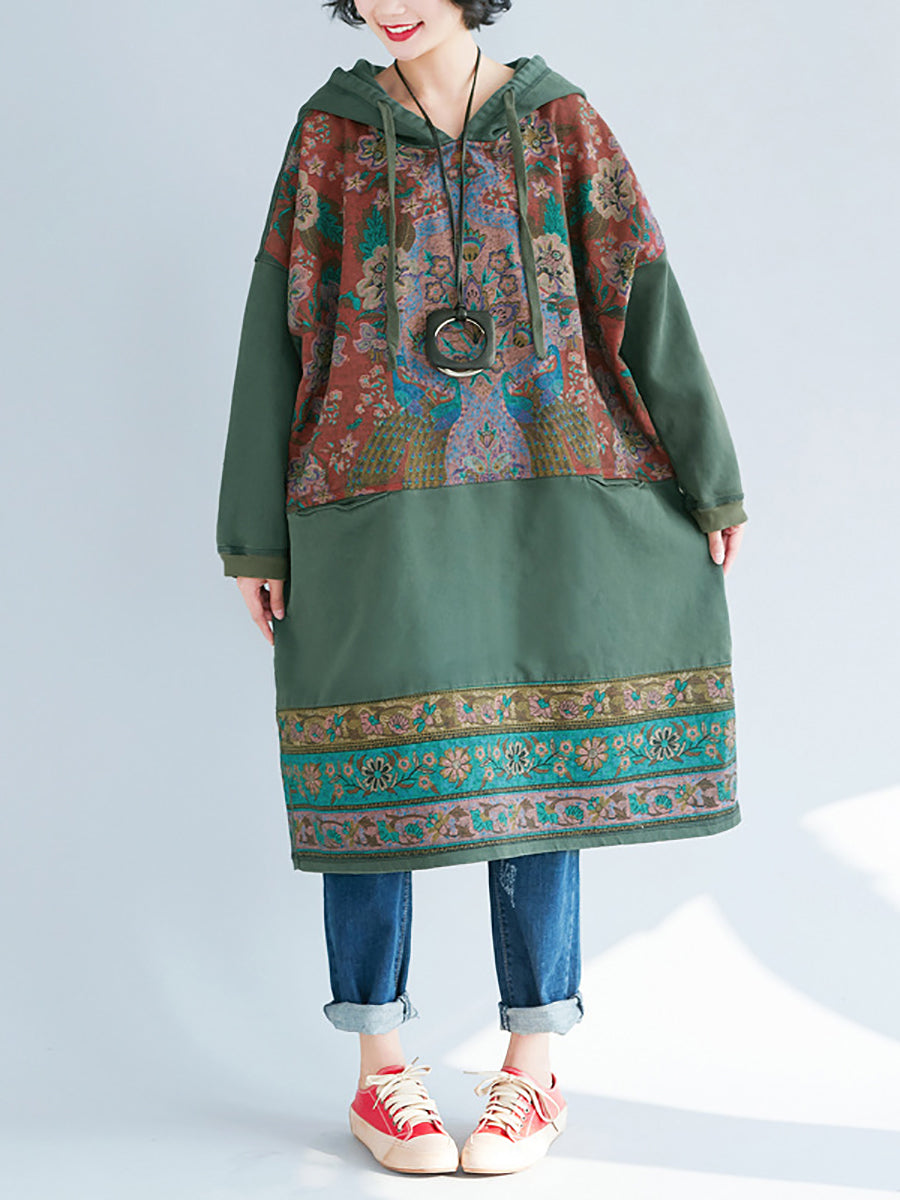 Women Ethnic Flower Spliced Long Pocket Hooded Dress
