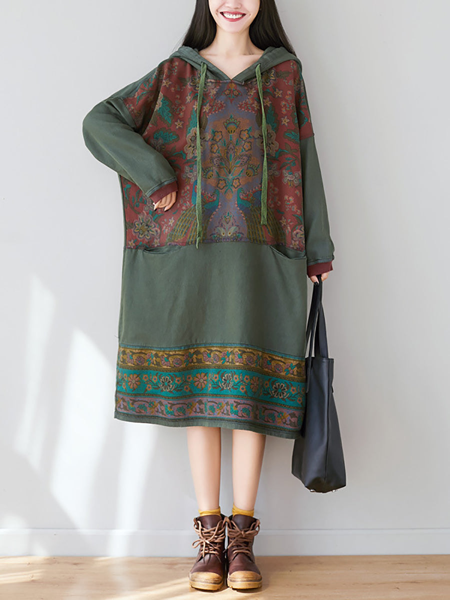 Women Ethnic Flower Spliced Long Pocket Hooded Dress
