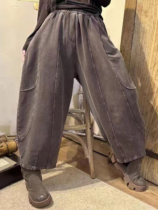 Women Vintage Worn Solid Spliced Loose Harem Pants