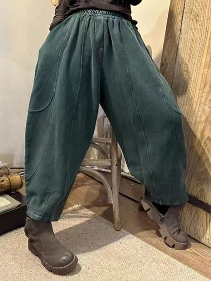 Women Vintage Worn Solid Spliced Loose Harem Pants