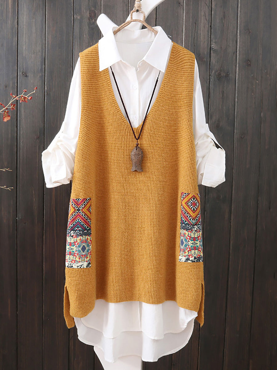 Plus Size Women Ethnic V-Neck Loose Knitted Vest