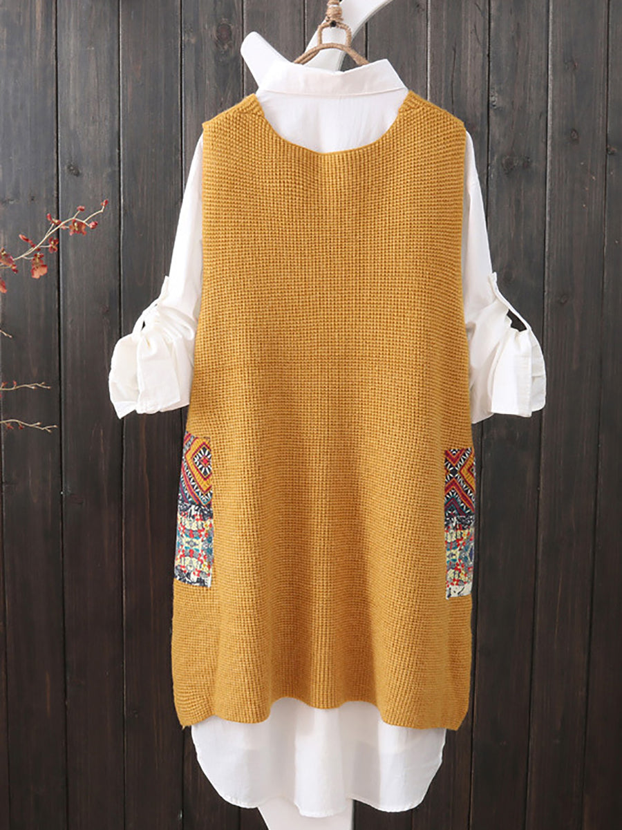 Plus Size Women Ethnic V-Neck Loose Knitted Vest
