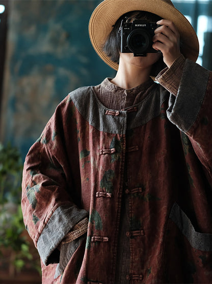 Women Ethnic Flower Spliced Loose Linen Coat