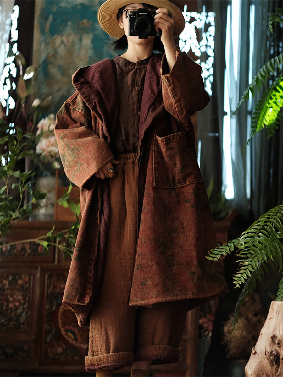 Women Winter Vintage Flower Drawstring Padded Coat