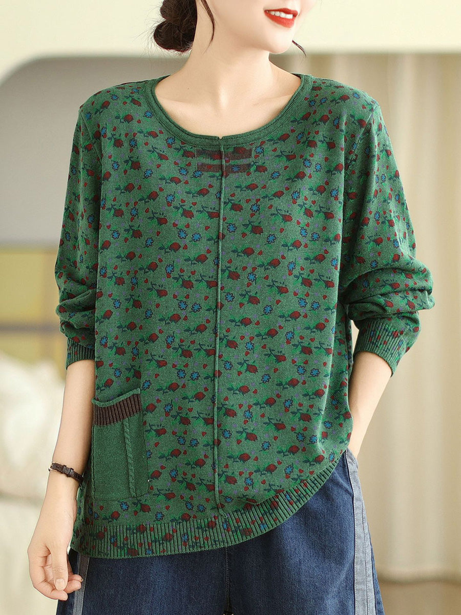 Women Vintage Floral Winter Spliced O-Neck Sweater