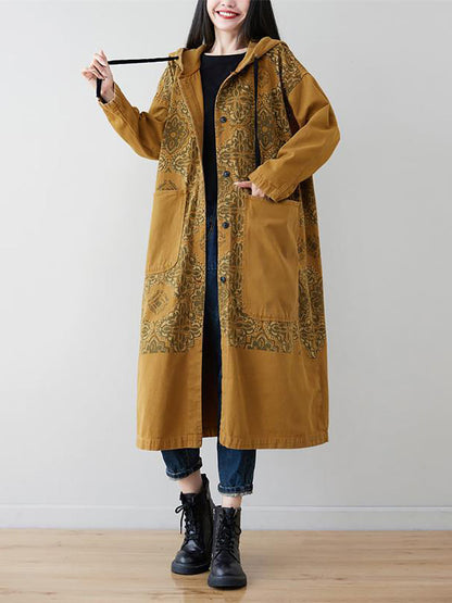 Women Artsy Flower Spliced Long Denim Hooded Coat