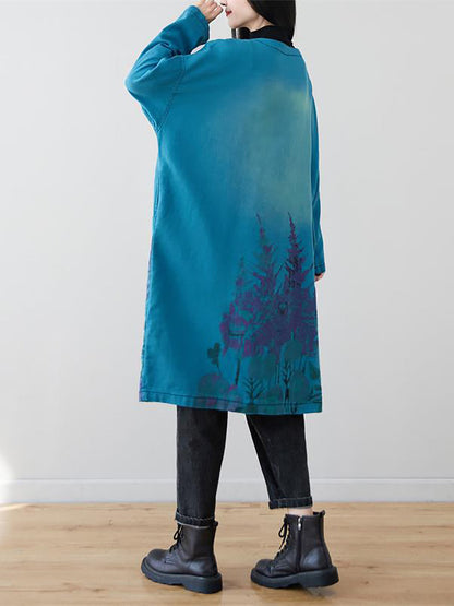 Women Artsy Flower Print Denim Long Coat