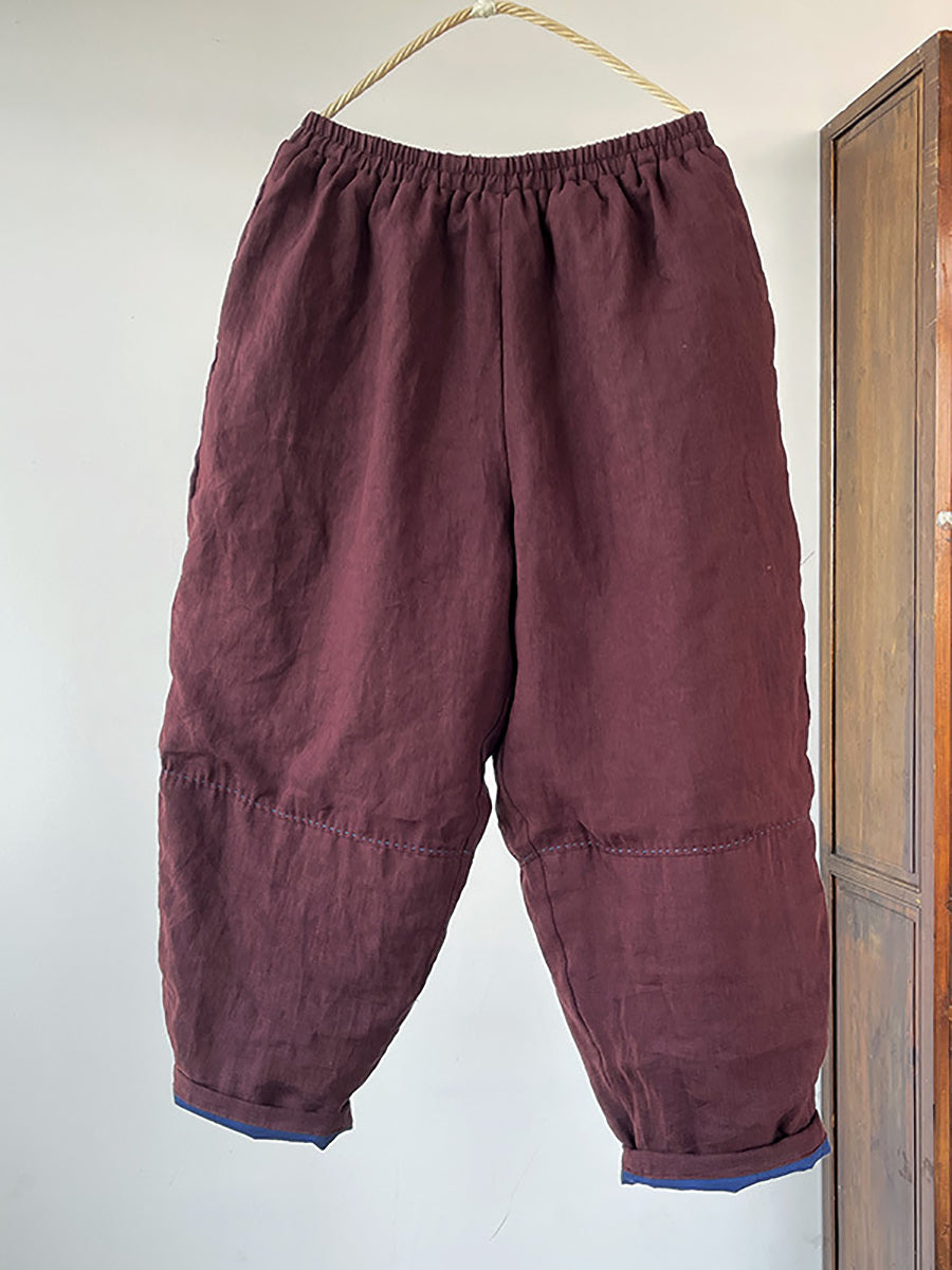 Plus Size Women Winter Retro Solid Linen Harem Pants