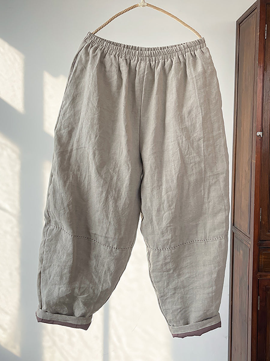 Plus Size Women Winter Retro Solid Linen Harem Pants