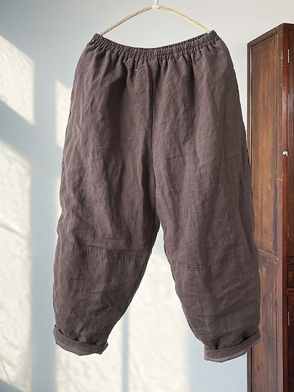 Plus Size Women Winter Retro Solid Linen Harem Pants