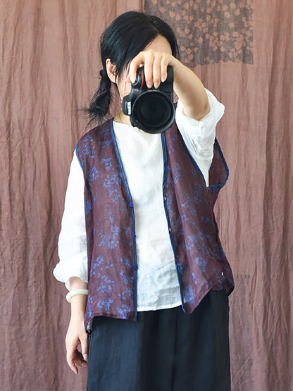 Women Vintage Floral Print Ramie Vest