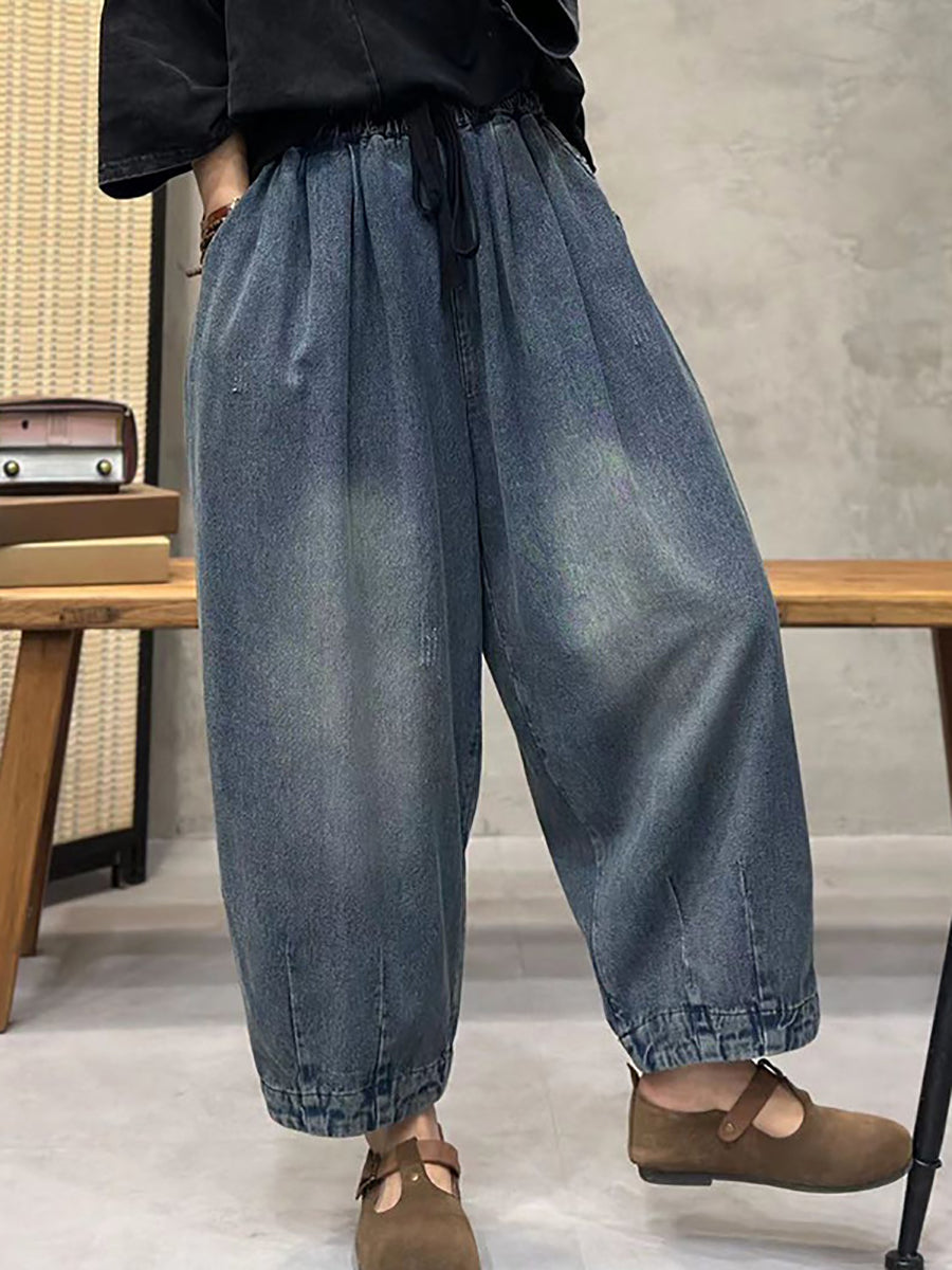 Plus Size Women Spring Retro Washed Denim Harem Pants