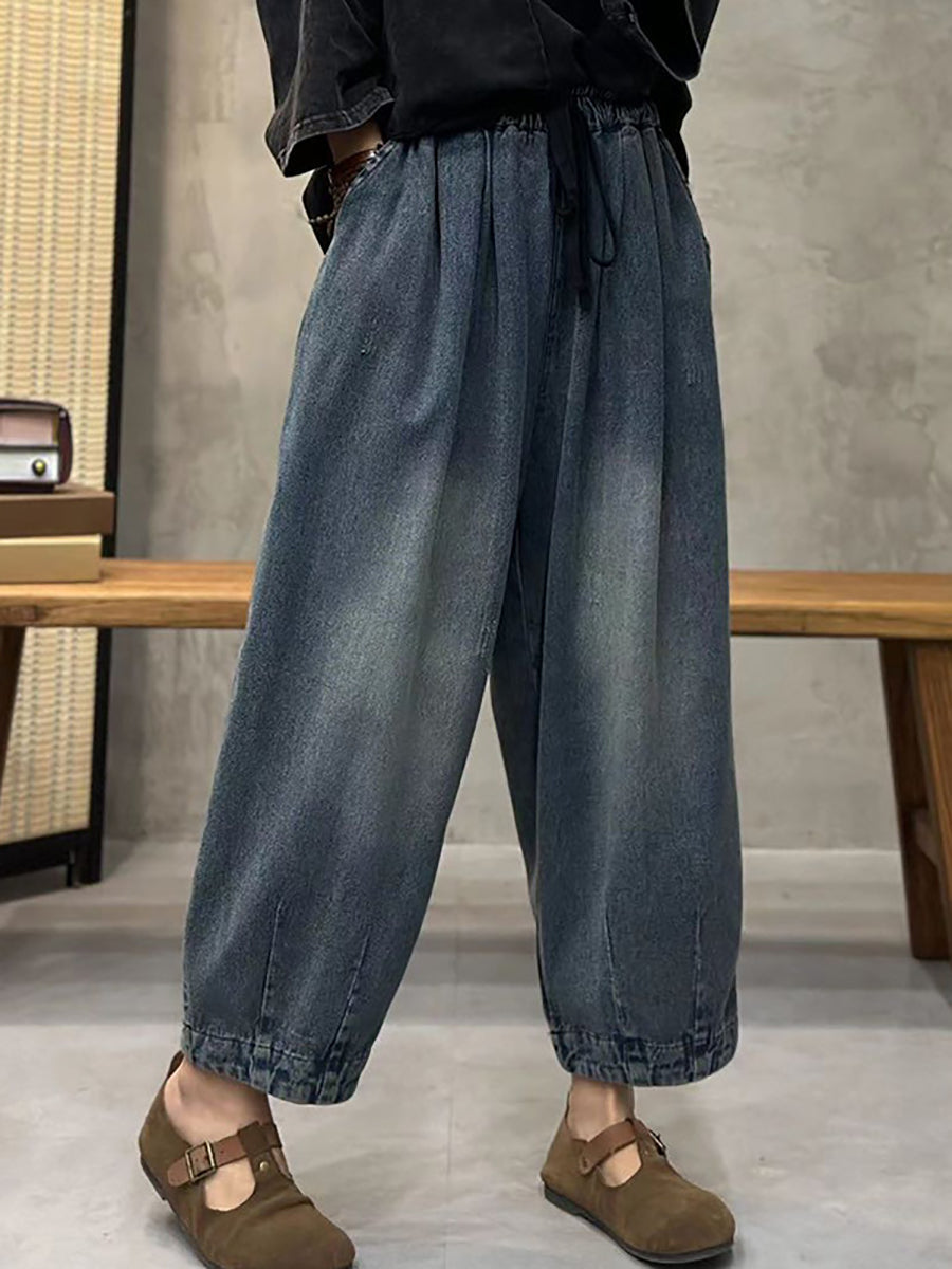 Plus Size Women Spring Retro Washed Denim Harem Pants