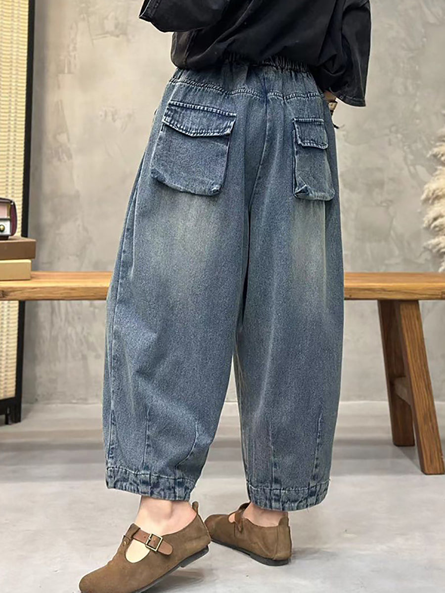 Plus Size Women Spring Retro Washed Denim Harem Pants
