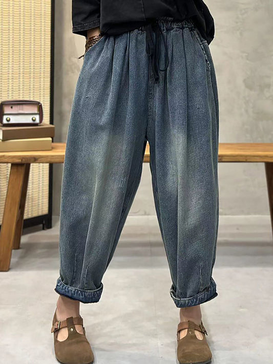 Plus Size Women Spring Retro Washed Denim Harem Pants