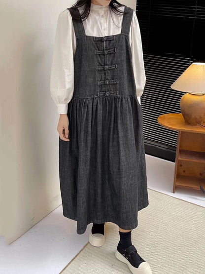 Women Spring Vintage Buckle Denim Vest Dress
