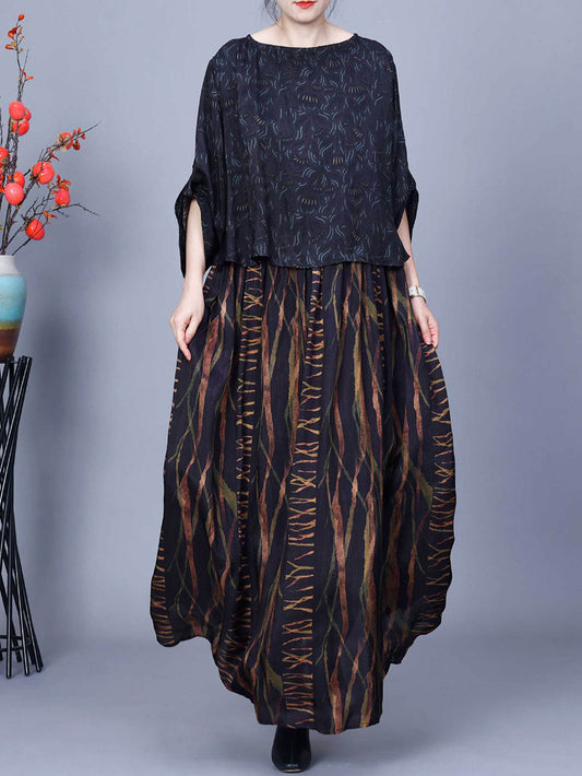 Plus Size Women Spring Vintage Spliced Loose O-Neck Dress