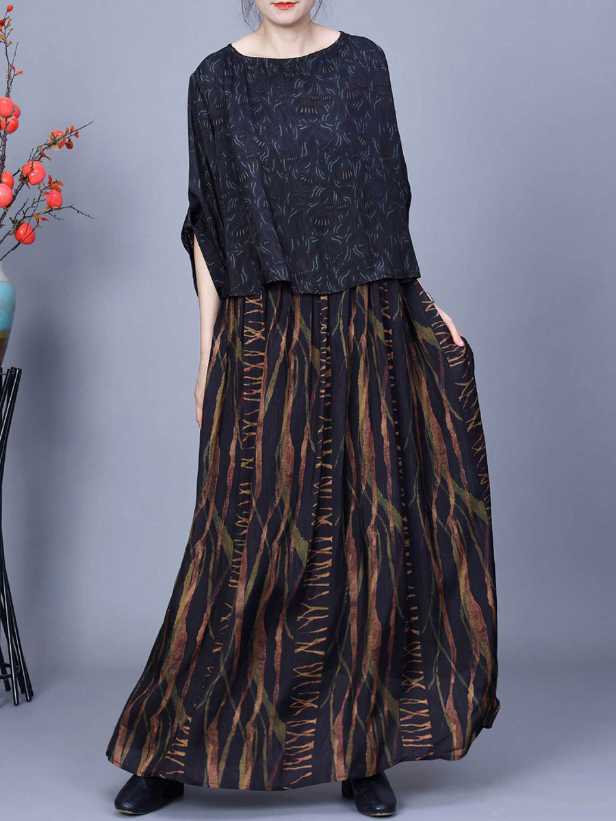 Plus Size Women Spring Vintage Spliced Loose O-Neck Dress