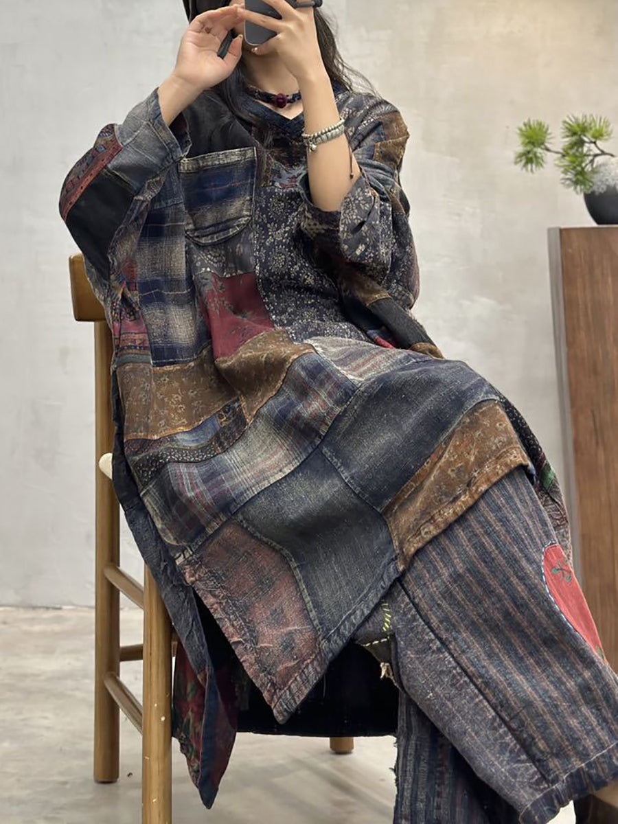 Women Vintage Patch Spliced Worn Loose Long Shirt