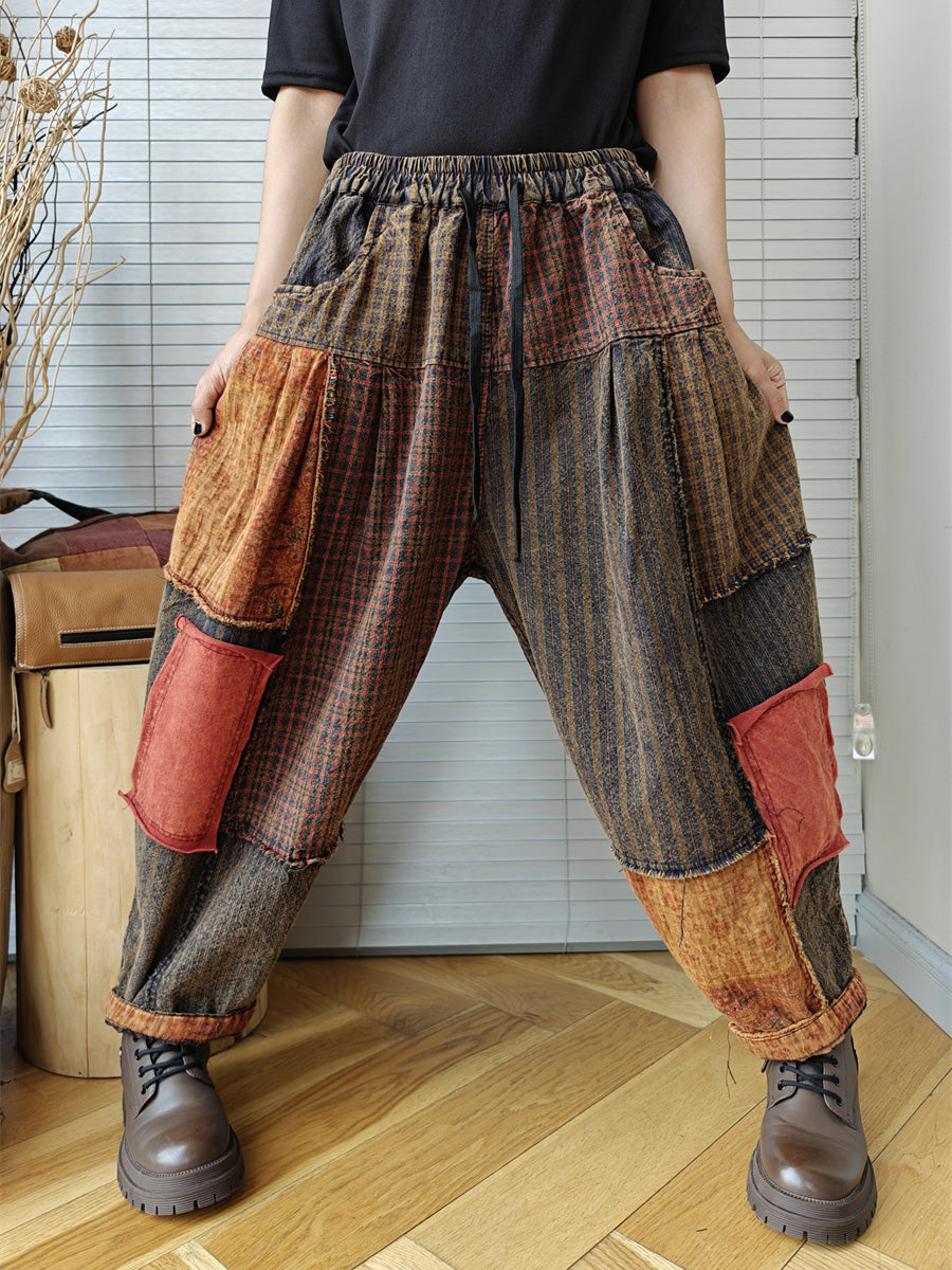 Plus Size Women Vintage Patchwork Spring 100%Cotton Harem Pants