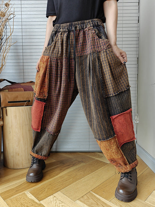 Plus Size Women Vintage Patchwork Spring 100%Cotton Harem Pants