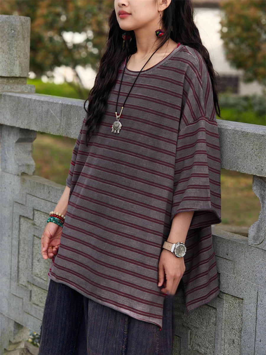 Plus Size Women Casual Summer Stripe Cotton Shirt