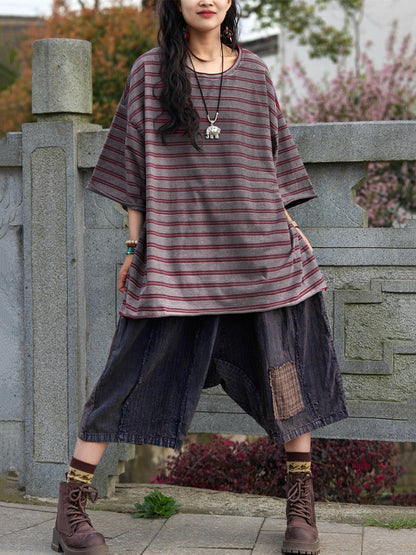 Plus Size Women Casual Summer Stripe Cotton Shirt