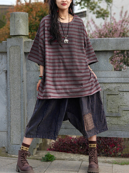Plus Size Women Casual Summer Stripe Cotton Shirt