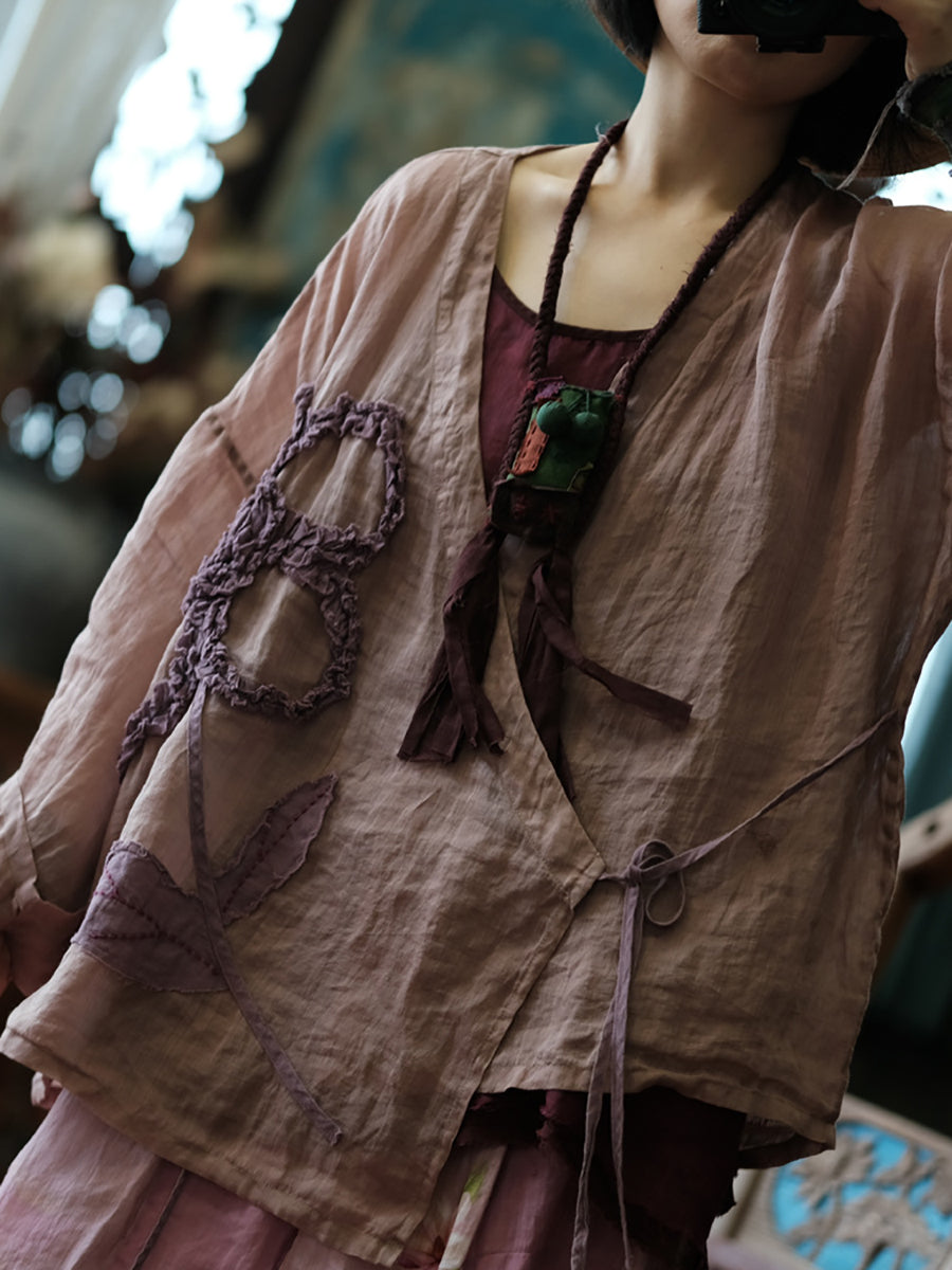 Women Vintage Flower Spliced Summer Strap Ramie Shirt