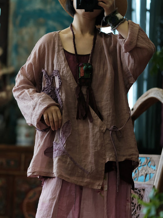 Women Vintage Flower Spliced Summer Strap Ramie Shirt