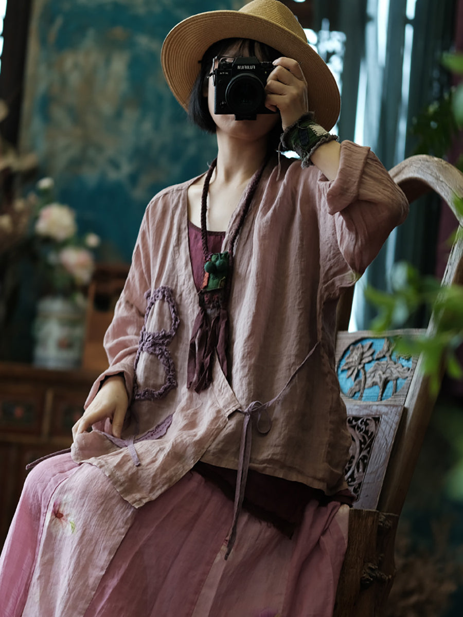 Women Vintage Flower Spliced Summer Strap Ramie Shirt