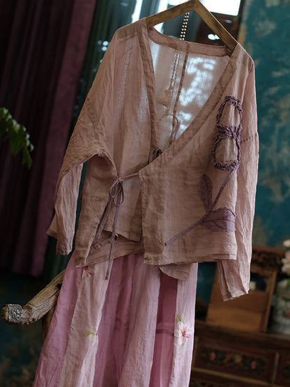 Women Vintage Flower Spliced Summer Strap Ramie Shirt