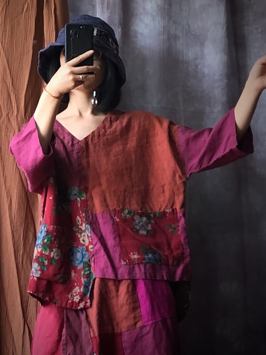 Women Summer Ethnic Irregular Spliced Linen Shirt