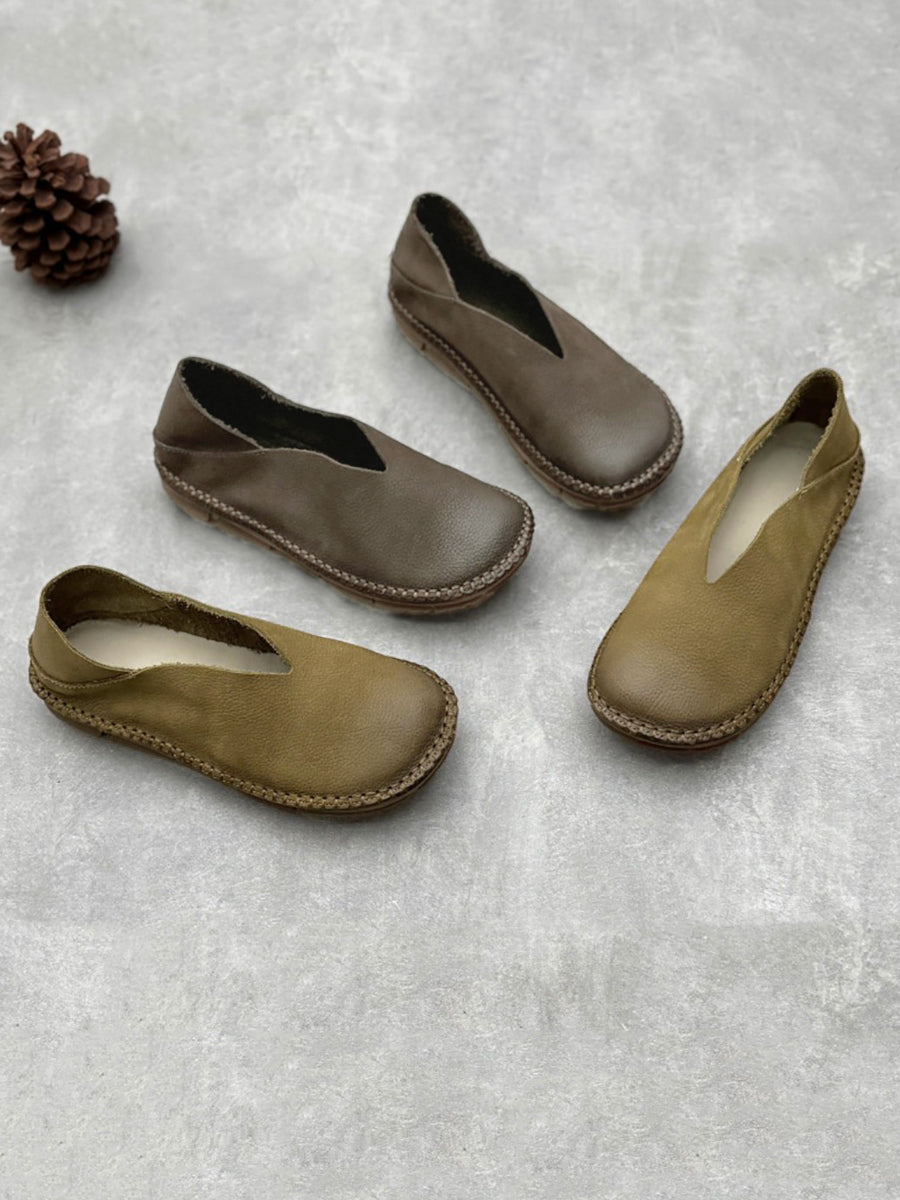 Women Summer Vintage Solid Leather Soft Flat Shoes