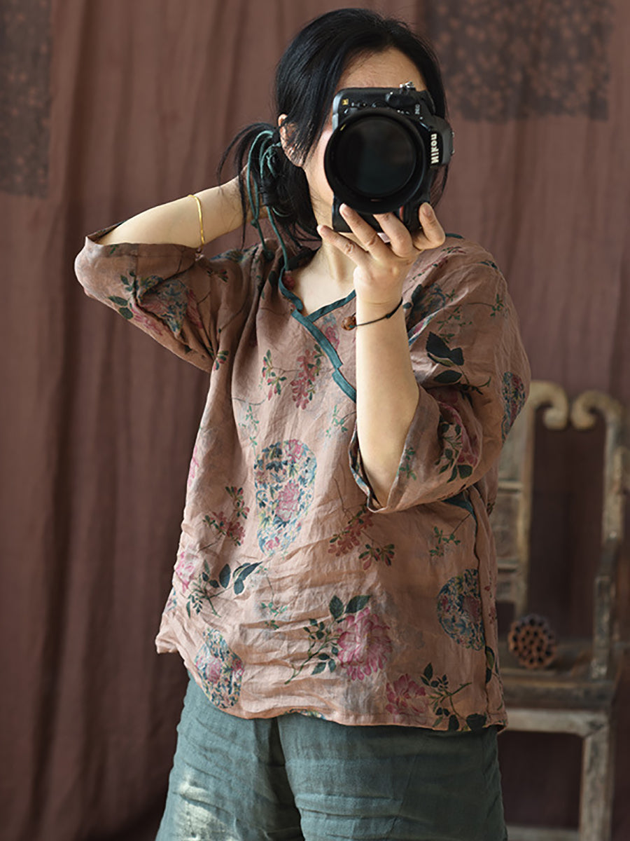 Women Summer Vintage Floral V-Neck Ramie Shirt