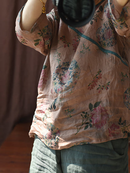 Women Summer Vintage Floral V-Neck Ramie Shirt
