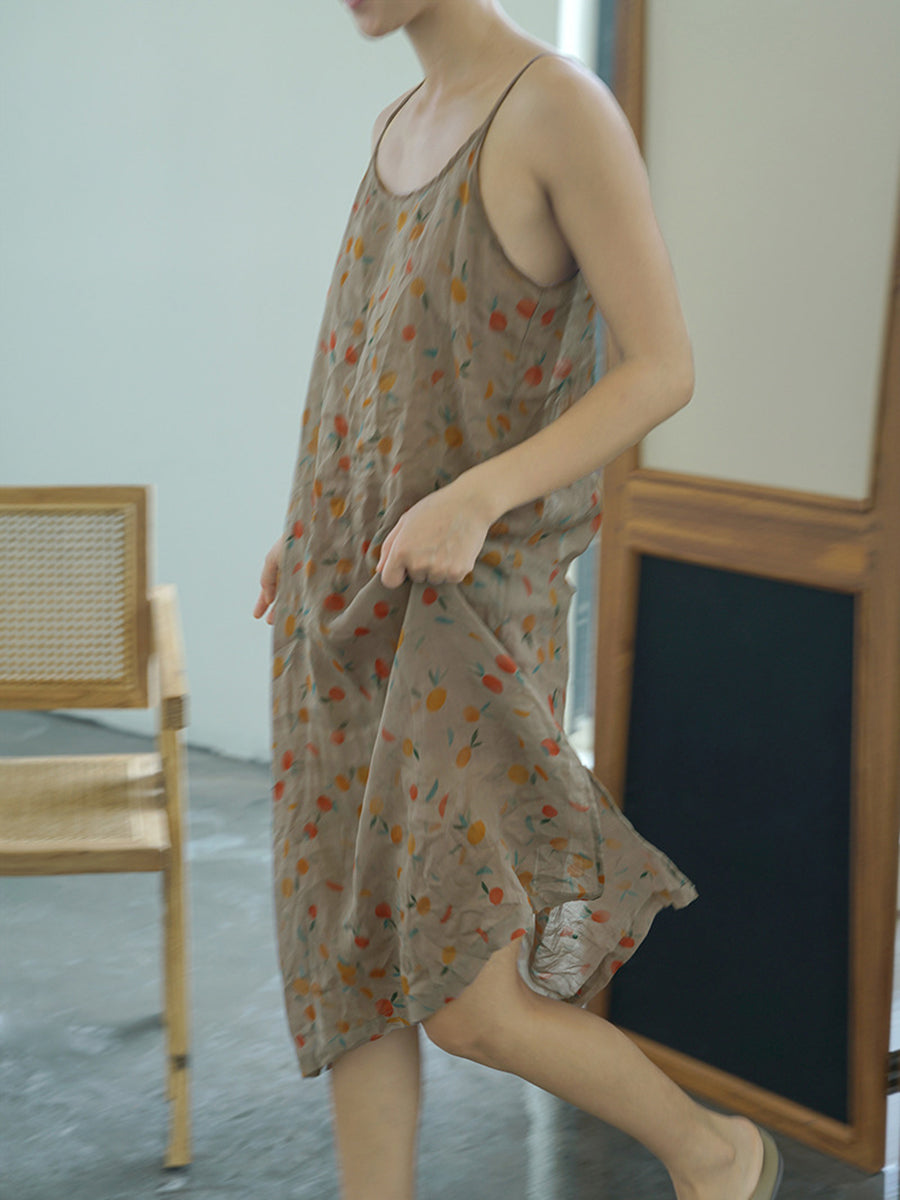 Plus Size Women Summer Vintage Floral Thin Ramie Vest Dress