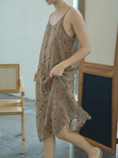 Plus Size Women Summer Vintage Floral Thin Ramie Vest Dress