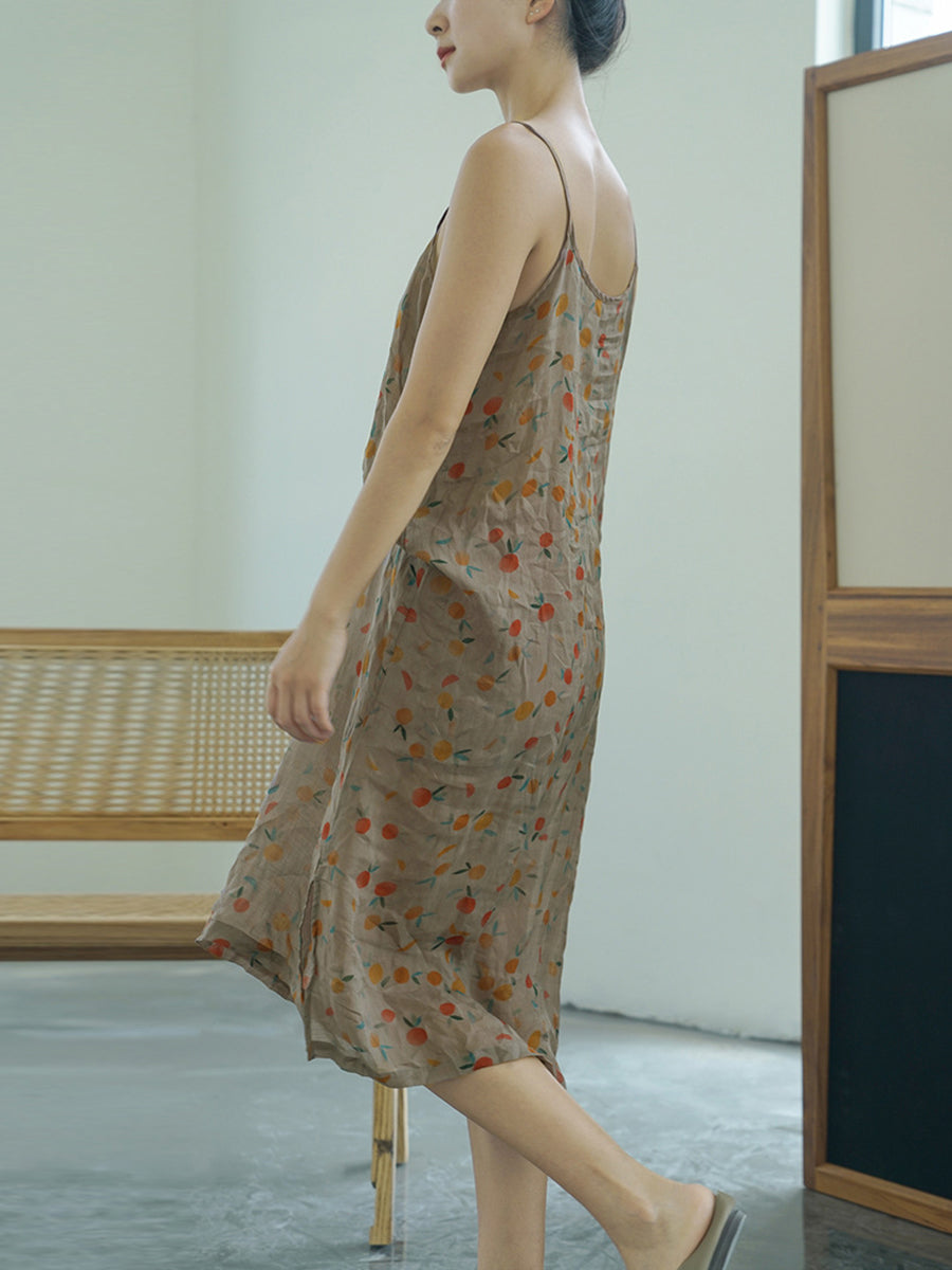 Plus Size Women Summer Vintage Floral Thin Ramie Vest Dress