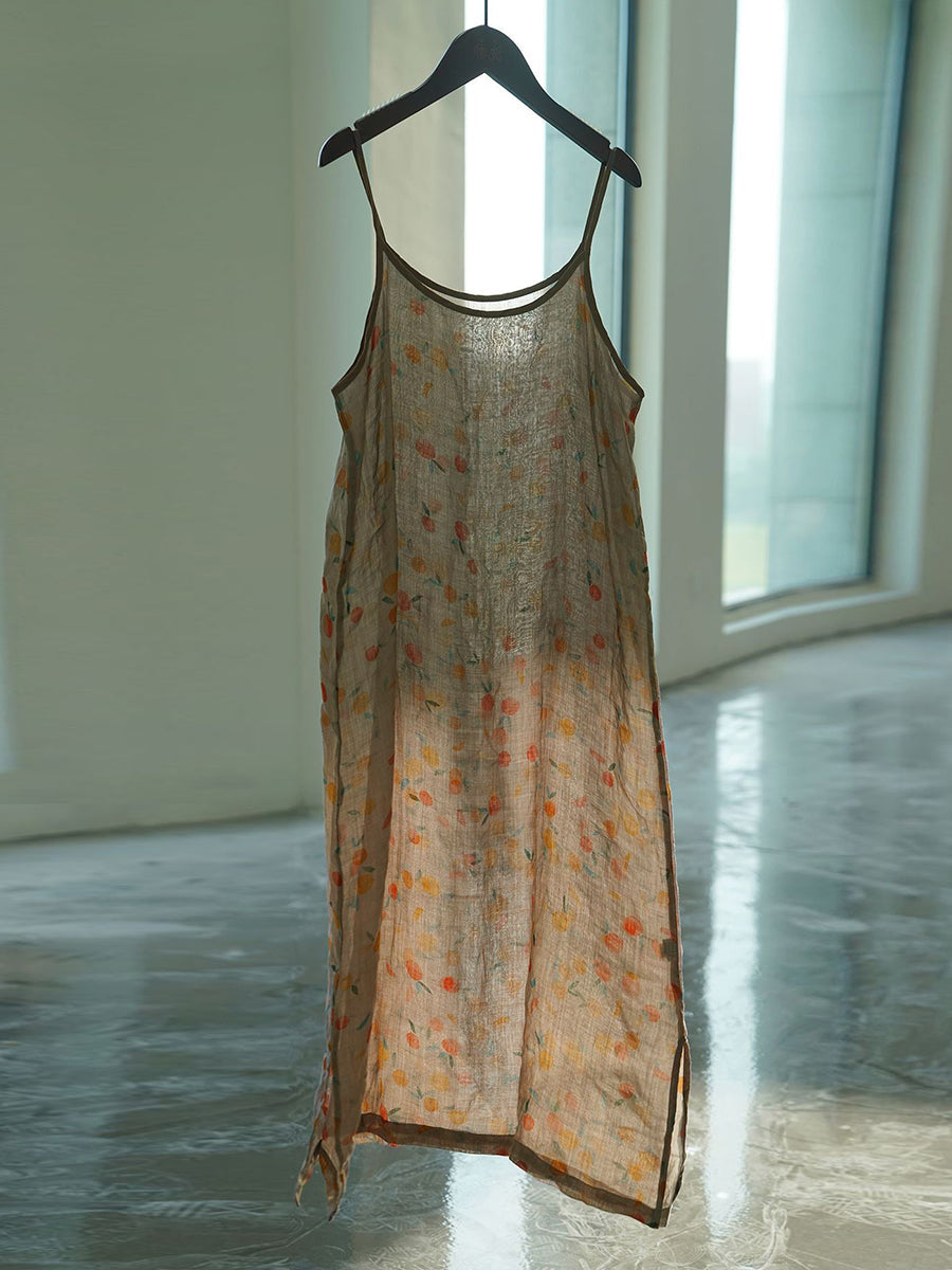 Plus Size Women Summer Vintage Floral Thin Ramie Vest Dress