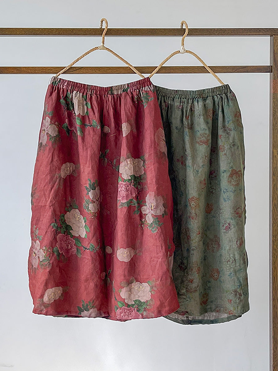 Plus Size Women Summer Vintage Flower Loose 100%Linen Skirt