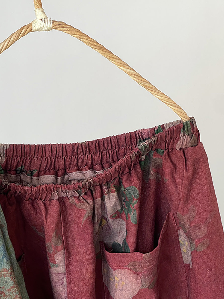 Plus Size Women Summer Vintage Flower Loose 100%Linen Skirt