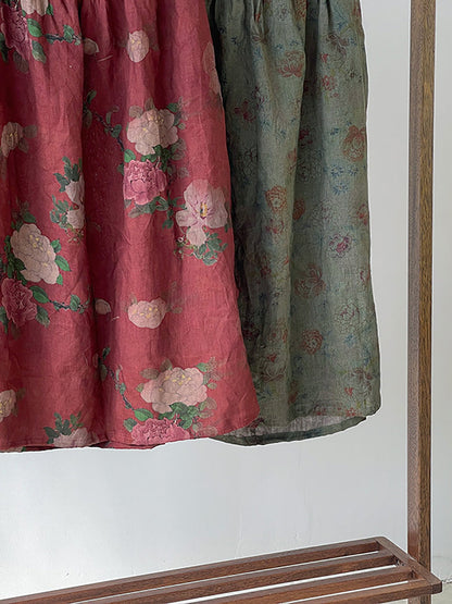 Plus Size Women Summer Vintage Flower Loose 100%Linen Skirt